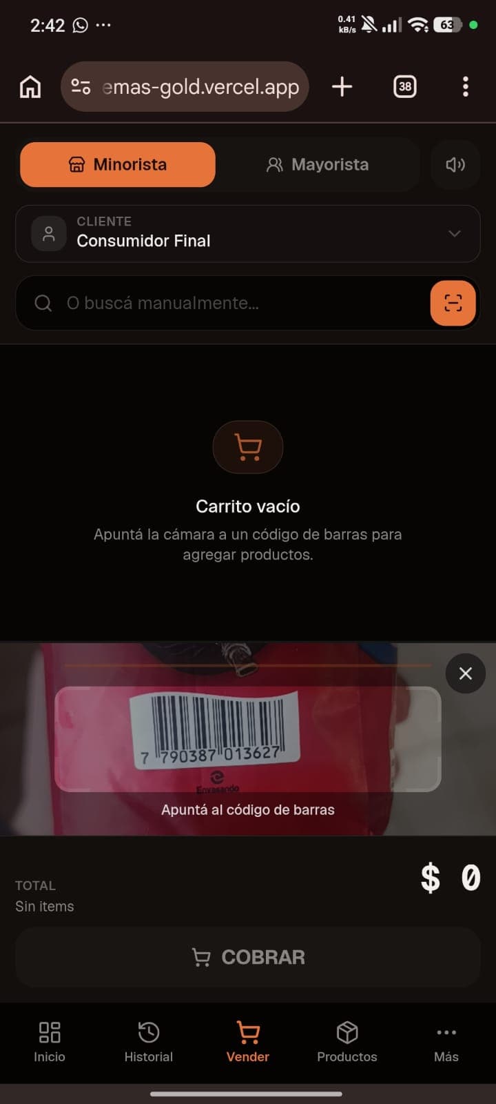 Pantalla de Gesto en el celular: punto de venta con lector de códigos