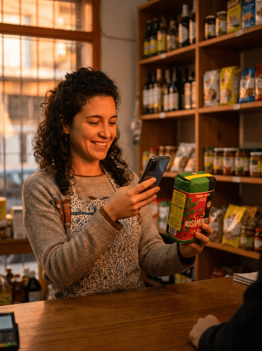 Una comerciante escanea un producto con la app de Gesto en su celular